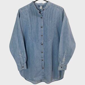 New York Line Pleated Chambray Button-Up Shirt Women's Medium Cotton Long-Sleeve